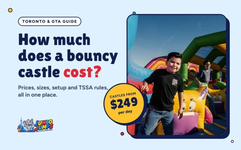 Kids playing on an inflatable bouncy castle, with Jumbo Jumps castle rentals from $249 per day in Toronto and the GTA